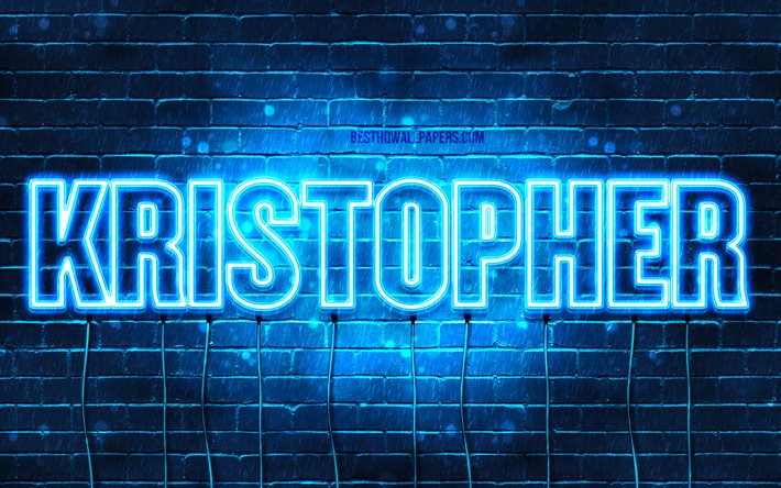 Kristopher, 4k, sfondi per il desktop con i nomi, il testo orizzontale, Kristopher nome, Felice Compleanno Kristopher, neon blu, foto con Kristopher nome