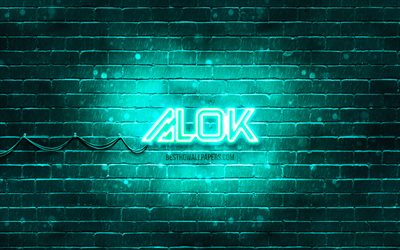 Alok turquoise logo, 4k, superstars, brazilian DJs, turquoise brickwall, Alok new logo, Alok Achkar Peres Petrillo, Alok, music stars, Alok neon logo, Alok logo
