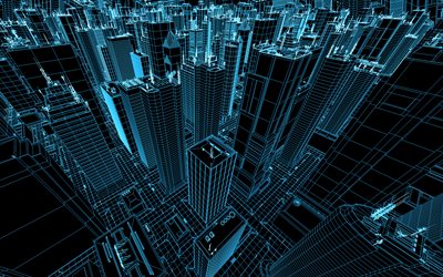 blue lines cityscape, blue line skyscrapers, city drawing, architecture concepts, digital construction background, architecture background