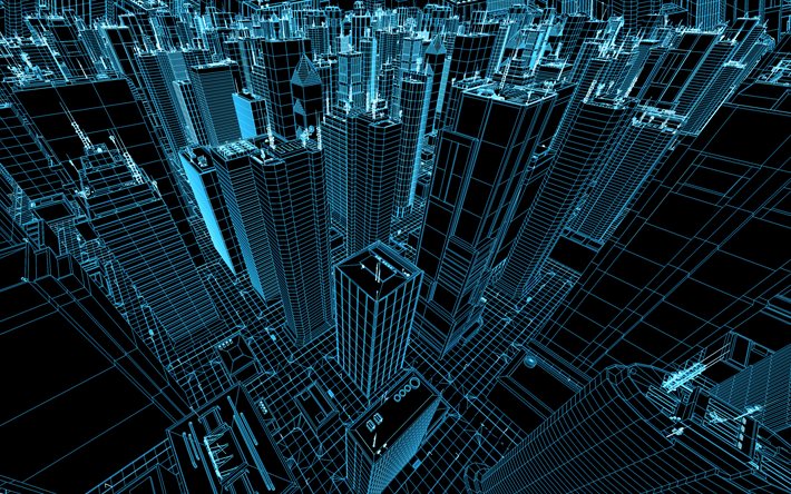 blue lines cityscape, blue line skyscrapers, city drawing, architecture concepts, digital construction background, architecture background