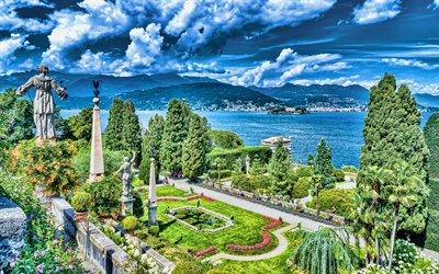 Isola Bella, Beautiful Island, Lake Maggiore, 4k, HDR, italian landmarks, summer, Lago Maggiore, gardens, Borromean Islands, Italy, Europe