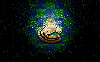 Vancouver Canucks, glitter logosu, NHL, mavi yeşil damalı arka plan, ABD, Kanada hokey takımı Vancouver Canucks&#39;ın logo, mozaik sanatı, hokey, Kanada