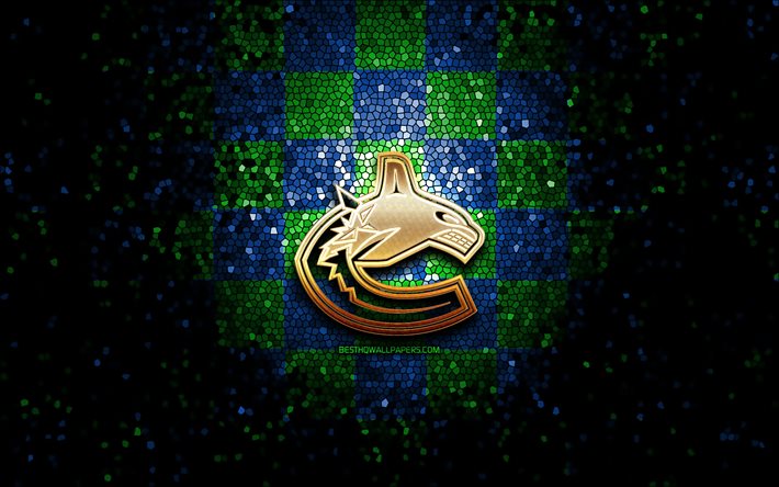 Vancouver Canucks, brillo logotipo, NHL, azul, verde, fondo de cuadros, estados UNIDOS, canad&#225;, un equipo de hockey, Vancouver Canucks logotipo, mosaico de arte, hockey, Canad&#225;