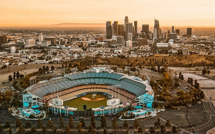 Dodger Stadium, Elysian Parque, Los Angeles, Calif&#243;rnia, MLB, Los Angeles paisagem urbana, noite, p&#244;r do sol, horizonte, est&#225;dio de beisebol, Major League Baseball, EUA