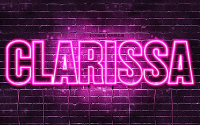 Clarissa, 4k, tapeter med namn, kvinnliga namn, Clarissa namn, lila neon lights, Grattis P&#229; F&#246;delsedagen Clarissa, bild med Clarissa namn
