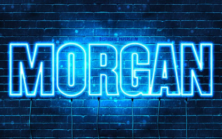 Morgan, 4k, taustakuvia nimet, vaakasuuntainen teksti, Morgan nimi, Hyv&#228;&#228; Syntym&#228;p&#228;iv&#228;&#228; Morgan, blue neon valot, kuva Morgan nimi