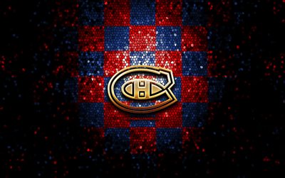 Montreal Canadiens, glitter logotyp, NHL, bl&#229; r&#246;d rutig bakgrund, USA, kanadensisk ishockey, Montreal Canadiens logotyp, mosaik konst, hockey, Kanada