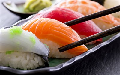 Nagiri, 4k, macro, comida asi&#225;tica, sushi, fastfood, sushi em varas
