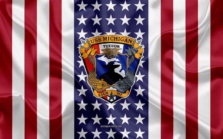 uss michigan-emblem, ssgn-727, american flag, us-navy, usa, uss michigan abzeichen, us-kriegsschiff, wappen der uss michigan