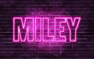 Miley, 4k, pap&#233;is de parede com os nomes de, nomes femininos, Miley nome, roxo luzes de neon, Feliz Anivers&#225;rio Miley, foto com Miley nome