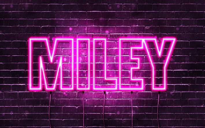 Miley, 4k, tapeter med namn, kvinnliga namn, Miley namn, lila neon lights, Grattis P&#229; F&#246;delsedagen Miley, bild med namnet Miley