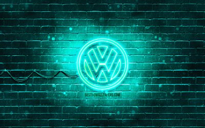 Volkswagen turkoosi logo, 4k, turkoosi brickwall, Volkswagen-logo, autot tuotemerkit, Volkswagen neon-logo, Volkswagen