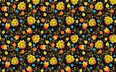 yellow flowers pattern, 4k, floral patterns, background with flowers, decorative art, abstract flowers pattern, floral textures