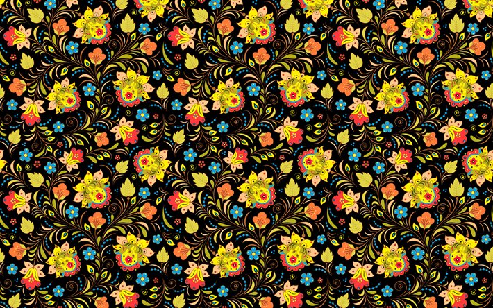 黄色い花のパターン, 4k, 花のパターン, 背景の花, 装飾美術, 概要花のパターン, 花織