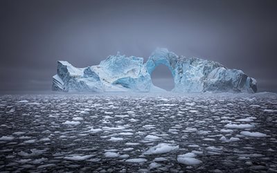 Large iceberg, Disko Bay, Greenland, cloudy weather, evening, sunset, Atlantic Ocean, icebergs