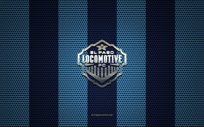 El Paso Locomotiva FC logotipo, Americano futebol clube, emblema de metal, azul met&#225;lica de malha de fundo, El Paso Locomotiva FC, USL, O Passo, Texas, EUA, futebol