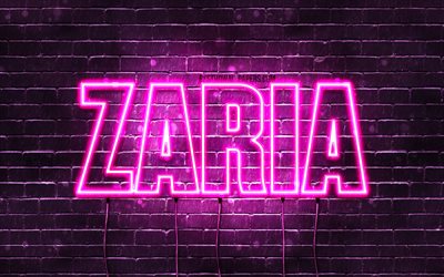 Zaria, 4k, fondos de pantalla con los nombres, los nombres femeninos, Zaria nombre, p&#250;rpura luces de ne&#243;n, Feliz Cumplea&#241;os Zaria, imagen con Zaria nombre