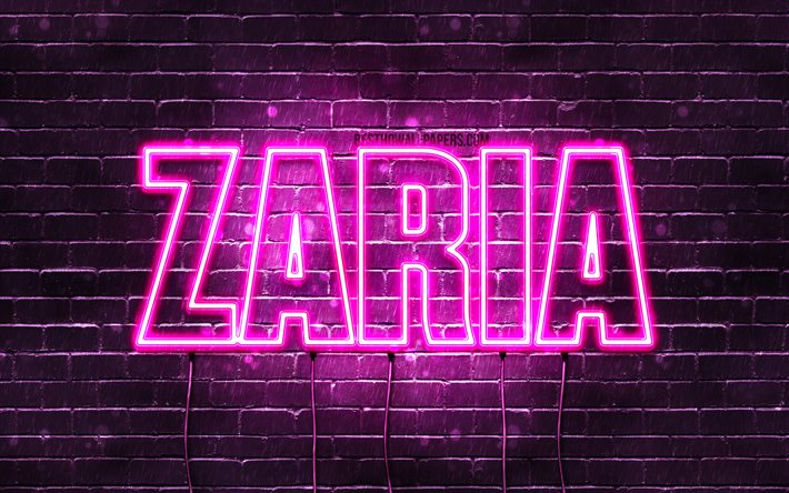 Zaria, 4k, des fonds d&#39;&#233;cran avec des noms, des noms f&#233;minins, Zaria nom, violet n&#233;on, Joyeux Anniversaire &#224; Zaria, une photo avec le nom de Zaria