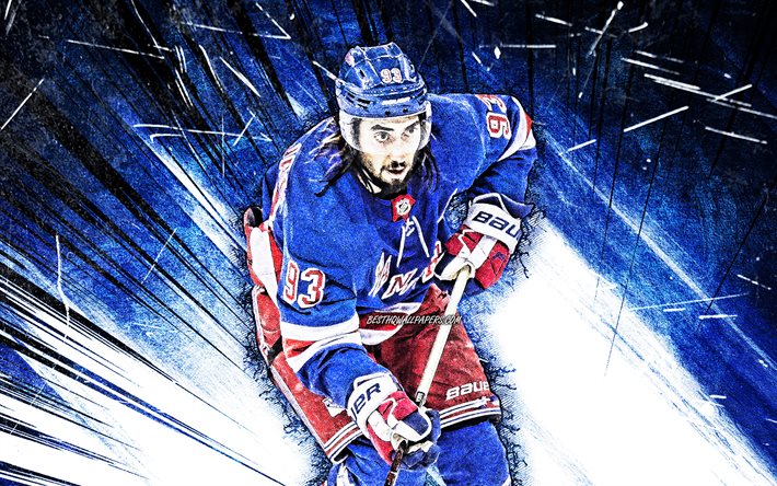4k, Mika Zibanejad, grunge de l&#39;art, de la LNH, les Rangers de New York &#233;toiles du hockey, le hockey, abstrait bleu rayons, NY Rangers, les joueurs de hockey, Mika Zibanejad Rangers de New York, Mika Zibanejad 4K