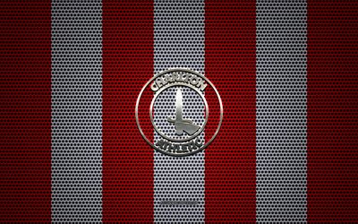 FC Charlton Athletic logo, English football club, metal emblem, red and white metal mesh background, FC Charlton Athletic, EFL Championship, London, England, football