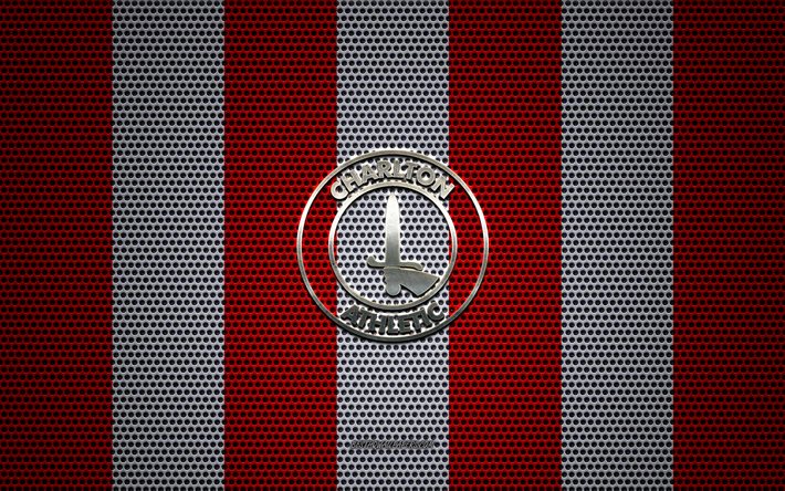 FC Charlton Athletic logo, club de football anglais, embl&#232;me m&#233;tallique, rouge et blanc maille en m&#233;tal d&#39;arri&#232;re-plan, le FC Charlton Athletic, EFL Championnat, &#224; Londres, en Angleterre, le football