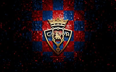 Osasuna FC, glitter logo, La Liga, blue red checkered background, soccer, CA Osasuna, spanish football club, Osasuna logo, mosaic art, football, LaLiga, Spain