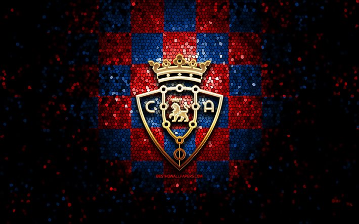 Osasuna FC, glitter logotipo, A Liga, azul vermelho xadrez de fundo, futebol, CA Osasuna, clube de futebol espanhol, Osasuna logotipo, arte em mosaico, LaLiga, Espanha
