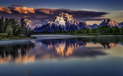 Mount Moran, Teton Range, Jackson Lago, noite, p&#244;r do sol, paisagem de montanha, floresta, Grand Teton National Park, Wyoming, EUA