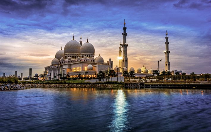 Sheikh Zayed Moskeija, Abu Dhabi, UAE, illalla, sunset, moskeija, maamerkki, Yhdistyneet Arabiemiirikunnat