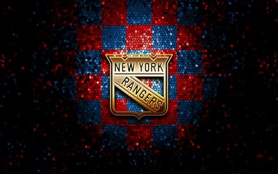 New York Rangers, glitter-logo, NHL, punainen sininen ruudullinen tausta, USA, american hockey team, New York Rangers logo, mosaiikki taidetta, j&#228;&#228;kiekko, Amerikassa, NY Rangers