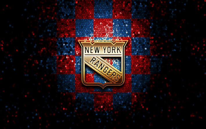 New York Rangers, glitter logosu, NHL, kırmızı, mavi damalı arka plan, ABD, Amerikan hokey takımı, New York Rangers logosu, mozaik sanatı, hokey, Amerika, NY Rangers
