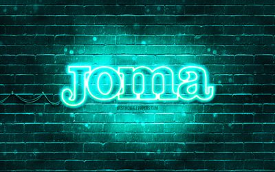 Joma turkuaz logo, 4k, turkuaz tuğla duvar, Joma logosu, spor markaları, Joma neon logosu, Joma