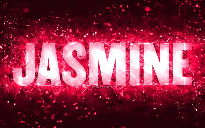 Grattis p&#229; f&#246;delsedagen Jasmine, 4k, rosa neonljus, Jasmine namn, kreativ, Jasmine Grattis p&#229; f&#246;delsedagen, Jasmine F&#246;delsedag, popul&#228;ra amerikanska kvinnliga namn, bild med Jasmine namn, Jasmine