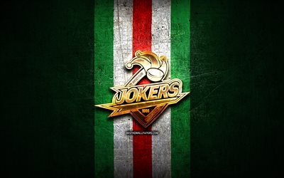 Jokers Cergy-Pontoise, golden logo, Ligue Magnus, green metal background, french hockey team, french hockey league, Jokers Cergy-Pontoise logo, hockey