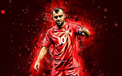 Goran Pandev, 4k, North Macedonia National Team, soccer, footballers, red neon lights, Macedonian football team, Goran Pandev 4K