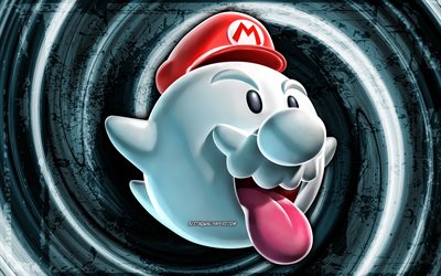 4k, King Boo, blue grunge background, Super Mario, King of the Boos, vortex, Super Mario characters, King Boo Super Mario
