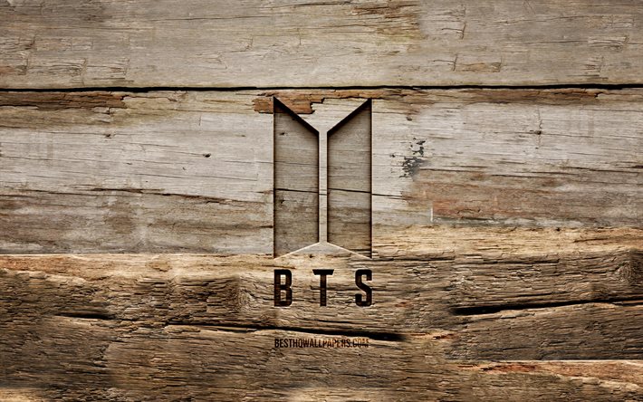 BTS ahşap logosu, 4K, Bangtan Boys, ahşap arka planlar, kore grubu, m&#252;zik yıldızları, BTS logosu, yaratıcı, Bangtan Boys logosu, ahşap oymacılığı, BTS