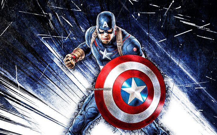 4k, Captain America, grunge art, superheroes, Marvel Comics, Steven Rogers, blue abstract rays, Captain America 4K, Cartoon Captain America