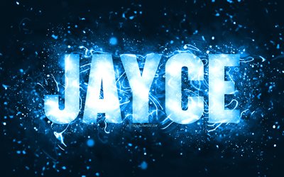 Buon compleanno Jayce, 4k, luci al neon blu, nome Jayce, creativo, buon compleanno Jayce, compleanno Jayce, famosi nomi maschili americani, foto con nome Jayce, Jayce
