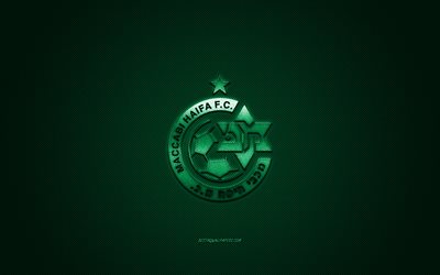 Maccabi Haifa FC, squadra di calcio israeliana, logo verde, sfondo verde in fibra di carbonio, Premier League israeliana, calcio, Haifa, Israele, logo Maccabi Haifa FC