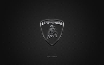 Lamborghini logo, silver logo, gray carbon fiber background, Lamborghini metal emblem, Lamborghini, cars marcas, creative art