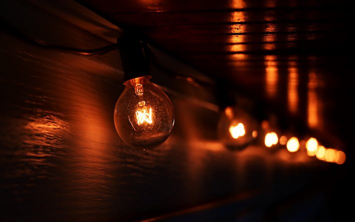 Edison lambaları, ışık kavramları, siyah arka plan, teldeki lambalar, siyah arka plan &#252;zerinde lamba