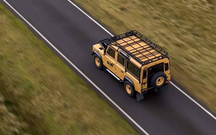 Land Rover Defender Works V8 Trophy, 2021, top view, exterior, yellow SUV, Defender, British cars, Land Rover