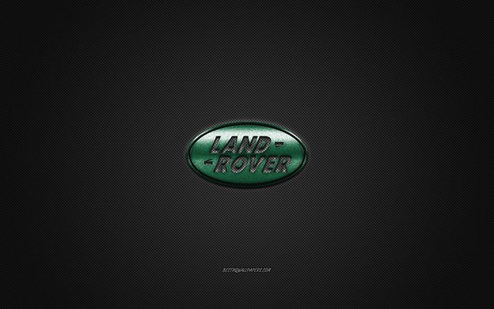 ランドローバー, 緑のロゴ, 灰色の炭素繊維の背景, ランドローバーメタルエンブレム, ランド・ローバー, 車のブランド, クリエイティブアート