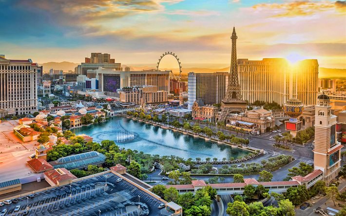 Las Vegas, 4k, soir, coucher du soleil, Bellagio, MGM Grand, Las Vegas skyline, Las Vegas cityscape, Nevada, Las Vegas panorama, USA