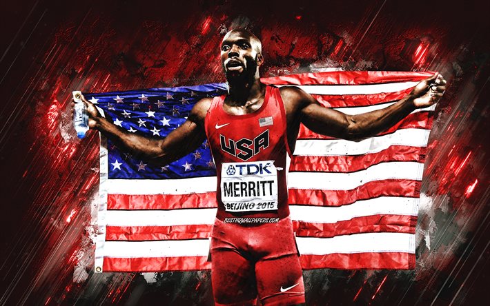 LaShawn Merritt, atleta americano, velocista americano, bandiera USA, bandiera americana, arte grunge, squadra nazionale USA