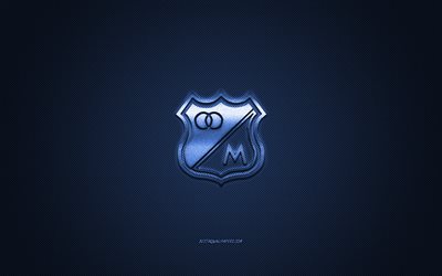 Millonarios FC, Colombian football club, blue logo, blue carbon fiber background, Categoria Primera A, football, Bogota, Colombia, Millonarios FC logo