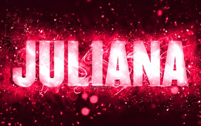 お誕生日おめでとうジュリアナ, 4k, ピンクのネオンライト, ジュリアナの名前, creative クリエイティブ, ジュリアナお誕生日おめでとう, ジュリアナの誕生日, 人気のアメリカ人女性の名前, ジュリアナの名前の写真, ジュリアナ
