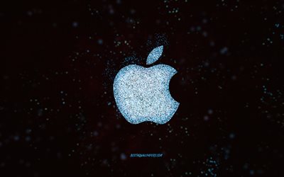 شعار أبل بريق, خلفية سوداء 2x, شعار شركة آبل, الفن بريق الأزرق, Apple, فني إبداعي, شعار التفاح الأزرق اللامع
