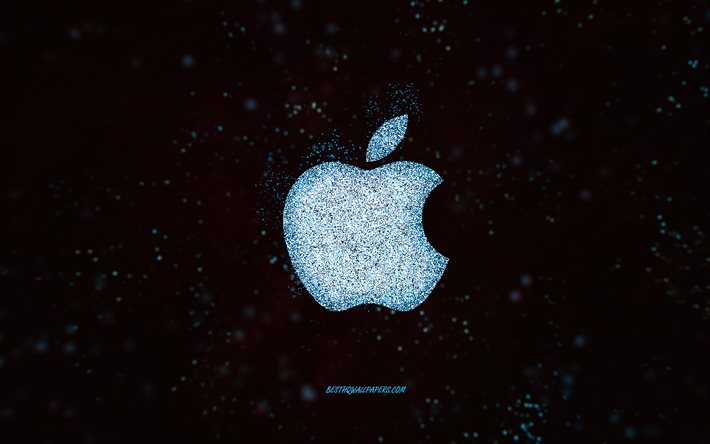 Logo glitter Apple, sfondo nero, logo Apple, arte blu glitter, Apple, arte creativa, logo glitter blu Apple